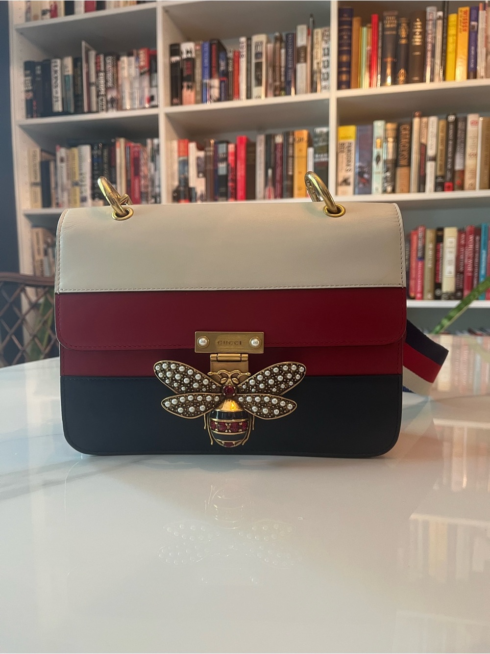 Gucci Queen Margaret Leather Shoulder Bag with Pearl Bee